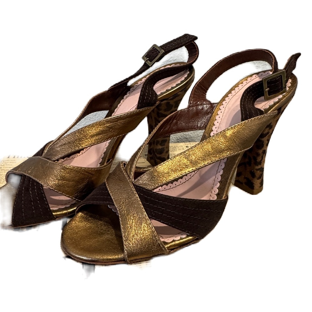 John Galliano sandals with bronze and dark‎ brown leopard heels size 38/US 8